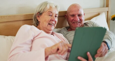 Wall Mural - Senior, couple and tablet in bedroom happy or online connection, social media reading or internet scroll. Man, woman or digital connectivity or laugh in home partnership or network, streaming or web