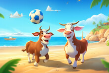 Illustration Of A Cows  Playing Ball On The Beach