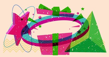 Poster - Risograph gift box with geometric shapes animation. Moving holiday object in trendy riso graph design video.