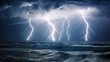lightning in the sea, Thunder storm with lightening rages over broken water of sea or ocean natural disaster apocalyptic background. Dramatic lightening, thunder bolt in night sky over sea