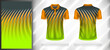 Vector sport pattern design template for Polo T-shirt front and back with short sleeve view mockup. Dark and light shades of green-orange color gradient abstract curve line texture background.