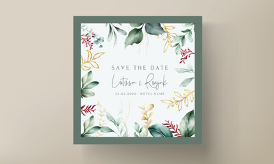 Wall Mural - Floral engagement invitation template with leaves watercolor