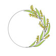 Continuous line drawing circle frame with blooming mimosa branch. One line drawing golden wattle wreath isolated on white background.