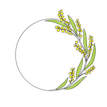 Continuous Line Drawing Circle Frame With Blooming Mimosa Branch. One Line Drawing Golden Wattle Wreath Isolated On White Background.