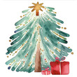 水彩で描いた可愛いクリスマスツリーとプレゼントボックス