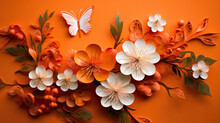  Orange Flower With Chinese Dragons Attached To Floral Wire, In The Style Of Delicate Paper Cutouts, 
