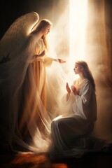 Wall Mural - Woman with long hair on knees with stretched to holy hands receives annunciation of Blessed Virgin Mary. Annunciation of Blessed Virgin Mary gives strength to young woman kneels asking for help