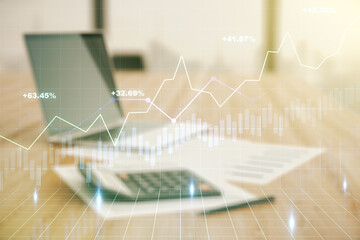 Poster - Multi exposure of abstract virtual financial graph hologram on calculator and laptop background, forex and investment concept
