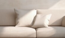Modern, Comfortable Beige Fabric Sofa With Woven Cushion Pillow In Sunlight On Cream Fabric Texture Wallpaper Wall For Interior Design Decoration, Lifestyle Product Display Background, Generative AI