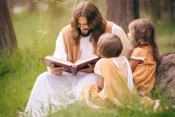 Jesus sits in clearing under tree reading book and smiling with children. Jesus teaches children new knowledge by reading book under tree on warm summer day. Jesus shares knowledge with children