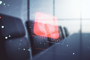 Poster - Multi exposure of virtual fingerprint scan interface on a modern furnished office interior background, digital access concept