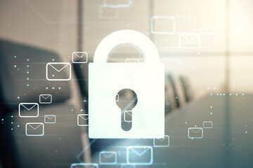 Poster - abstract virtual lock illustration with postal envelopes on a modern coworking room background, cybe