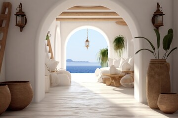 Wall Mural - Interior design of greek island style entrance hall with arched doorway.  Generative AI