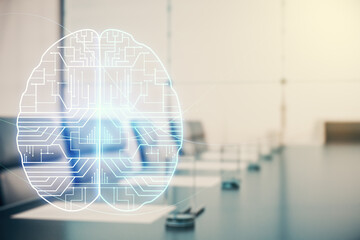 Aufkleber - Virtual creative artificial Intelligence hologram with human brain sketch on a modern coworking room background. Double exposure