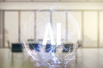Poster - Creative artificial Intelligence symbol hologram on a modern coworking room background. Double exposure