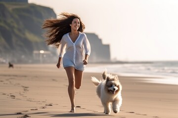 Young woman with long hair in summer clothes runs with dog on sand beach of clear clean sea under sun. Brunette enjoys run with big doggy along seashore on summer good sunny day. Spending vacation