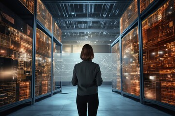 Wall Mural - Female technologist of large data center using laptop standing in warehouse, activating servers