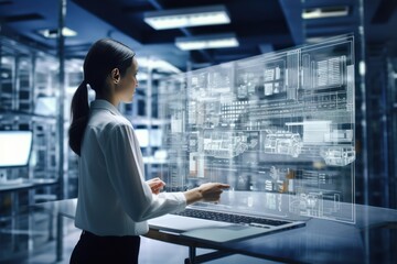 Aufkleber - Female technologist of large data center using laptop standing in warehouse, activating servers