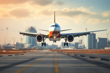 Aufkleber - airplane landing airport in modern city