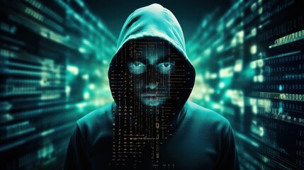 Poster - Computer hacker silhouette of hooded man with binary data and network security terms computer crime, data