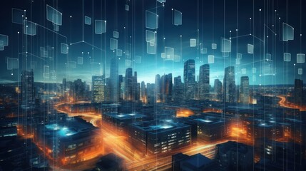 Leinwandbilder - Smart city and connectivity abstract polygon pattern with lights, speed lines, big data connectivity technology concept.