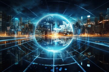 Poster - Data science, business analysis and strategy, big data concept.Business teamwork analyzing financial graph on virtual touch screen, futuristic technology solution.