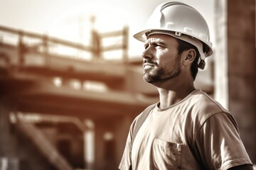 Wall Mural - Engineer handsome man or architect looking construction with white safety helmet in construction site.