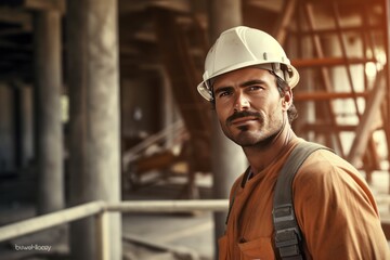 Poster - Engineer handsome man or architect looking construction with white safety helmet in construction site.