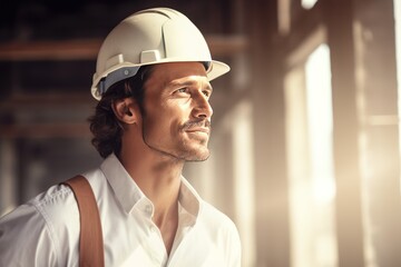Aufkleber - Engineer handsome man or architect looking construction with white safety helmet in construction site.
