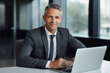 Poster - businessman works on a laptop computer. He looks at the camera with a smile.