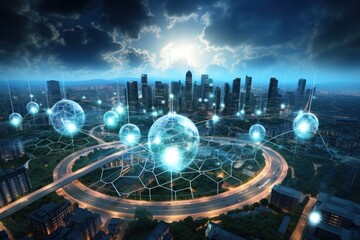 Poster - Data science, business analysis and strategy, big data concept.Business teamwork analyzing financial graph on virtual touch screen, futuristic technology solution.