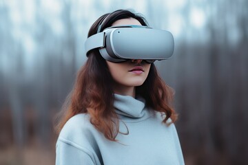 Aufkleber - Woman with virtual reality glasses, future technology concept
