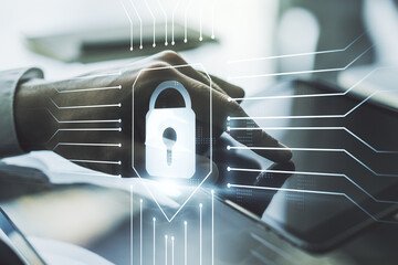 Aufkleber - Double exposure of creative lock hologram with chip and with finger clicks on a digital tablet on background. Information security concept