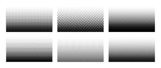 Poster - Set of horizontal halftone gradient backgrounds. Cartoon dots texture wallpaper collection. Black and white comic design cover pack for banner, poster, print. Pop art vector illustration bundle