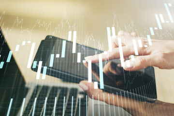Poster - Multi exposure of abstract creative financial graph with finger presses on a digital tablet on background, forex and investment concept