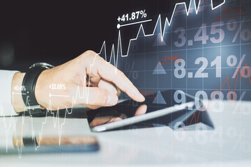 Aufkleber - Abstract creative financial graph with finger clicks on a digital tablet on background, forex and investment concept. Multiexposure