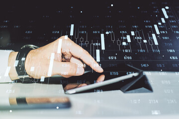 Poster - Abstract creative stats data concept with finger clicks on a digital tablet on background. Multiexposure