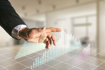 Aufkleber - Double exposure of man hand working with virtual creative financial diagram on blurred office background, banking and accounting concept