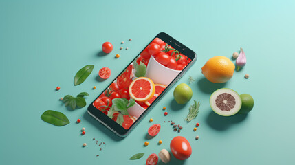 Wall Mural - flat lay with vegetables and phone