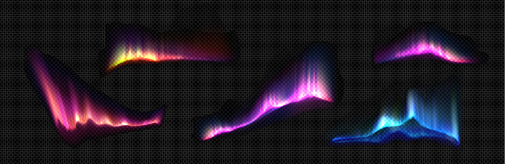 Poster - Aurora borealis set isolated on transparent background. Vector realistic illustration of polar light effects with purple, pink, yellow, blue color gradient glowing in dark sky, north pole nature