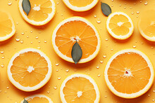 Seamless Pattern With Juicy Orange Slices On Yellow Background