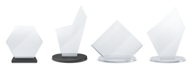 Wall Mural - 3d glass trophies set isolated on white background. vector realistic illustration of abstract hexago