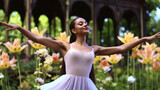 Fototapeta Nowy Jork - Young female ballerina in a classic white dance dress dances in summer garden surrounded by blooming flowers. Creative concept of dance studio school for adults, creativity, freedom.