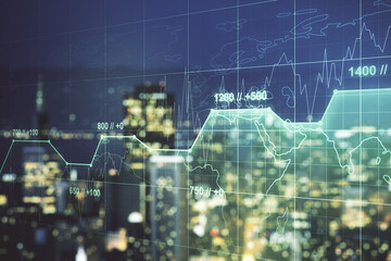 Poster - Abstract virtual analytics data spreadsheet on blurry skyscrapers background, analytics and analysis concept. Multiexposure