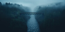 Wooden Bridge Arches Gracefully, Enveloped By A Mist Of Blue And The Gentle Touch Of Rain