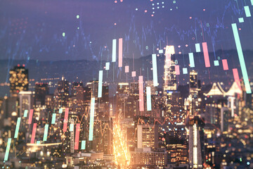 Poster - Multi exposure of virtual abstract financial diagram on San Francisco office buildings background, banking and accounting concept