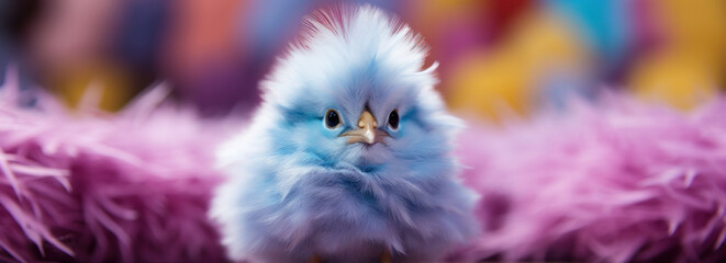 Blue fluffy chick peering through soft feathers, epitomizing the gentle spirit of the Easter season.