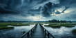 Wooden bridge with a cloud of blue and rain