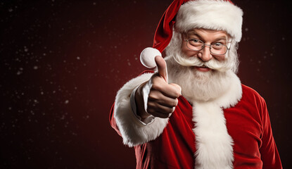 Funny happy excited old bearded Santa Claus face wearing costume looking at camera showing, New Year xmas discount ad isolated on red background. concept Christmas Choose winter season sales..