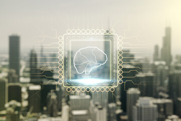 Aufkleber - Double exposure of creative human brain microcircuit hologram on blurry office buildings background. Future technology and AI concept